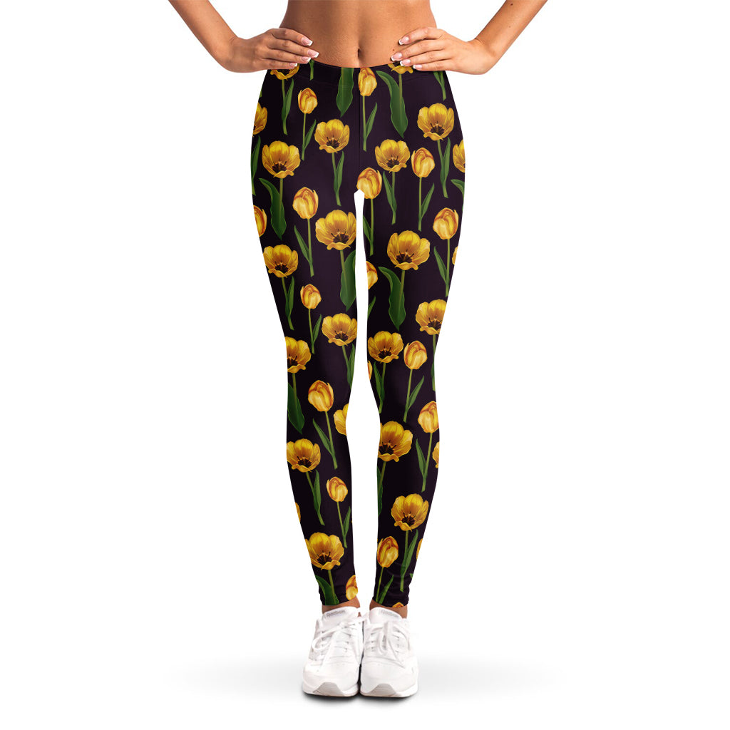Yellow Tulip Flower Pattern Print Women's Leggings