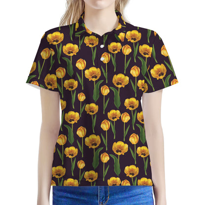 Yellow Tulip Flower Pattern Print Women's Polo Shirt