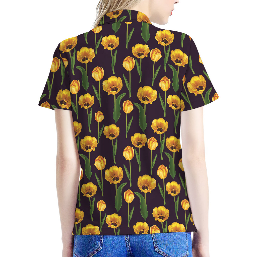 Yellow Tulip Flower Pattern Print Women's Polo Shirt