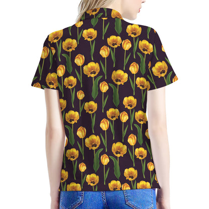 Yellow Tulip Flower Pattern Print Women's Polo Shirt