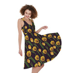 Yellow Tulip Flower Pattern Print Women's Sleeveless Dress