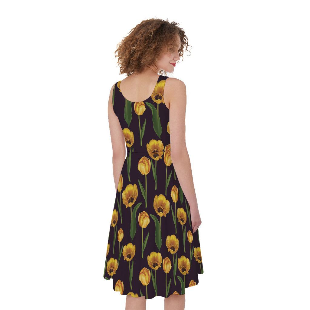 Yellow Tulip Flower Pattern Print Women's Sleeveless Dress