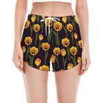 Yellow Tulip Flower Pattern Print Women's Split Running Shorts