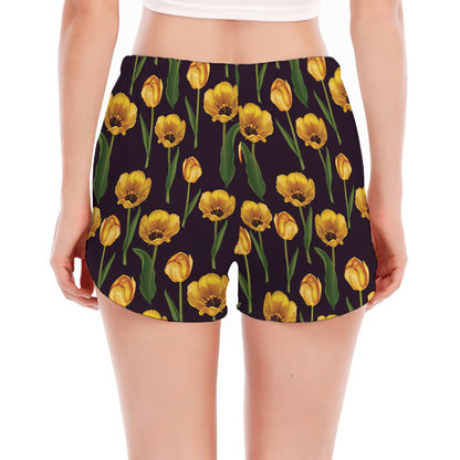 Yellow Tulip Flower Pattern Print Women's Split Running Shorts