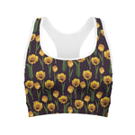 Yellow Tulip Flower Pattern Print Women's Sports Bra