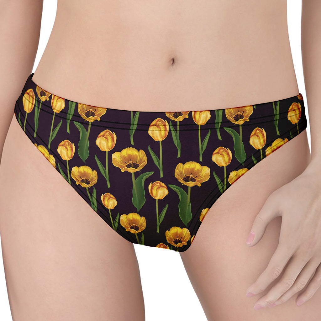 Yellow Tulip Flower Pattern Print Women's Thong