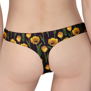 Yellow Tulip Flower Pattern Print Women's Thong