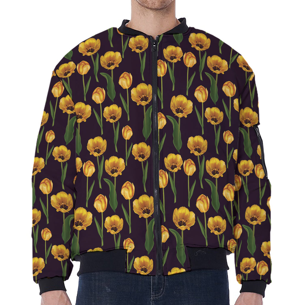 Yellow Tulip Flower Pattern Print Zip Sleeve Bomber Jacket