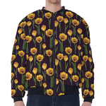 Yellow Tulip Flower Pattern Print Zip Sleeve Bomber Jacket