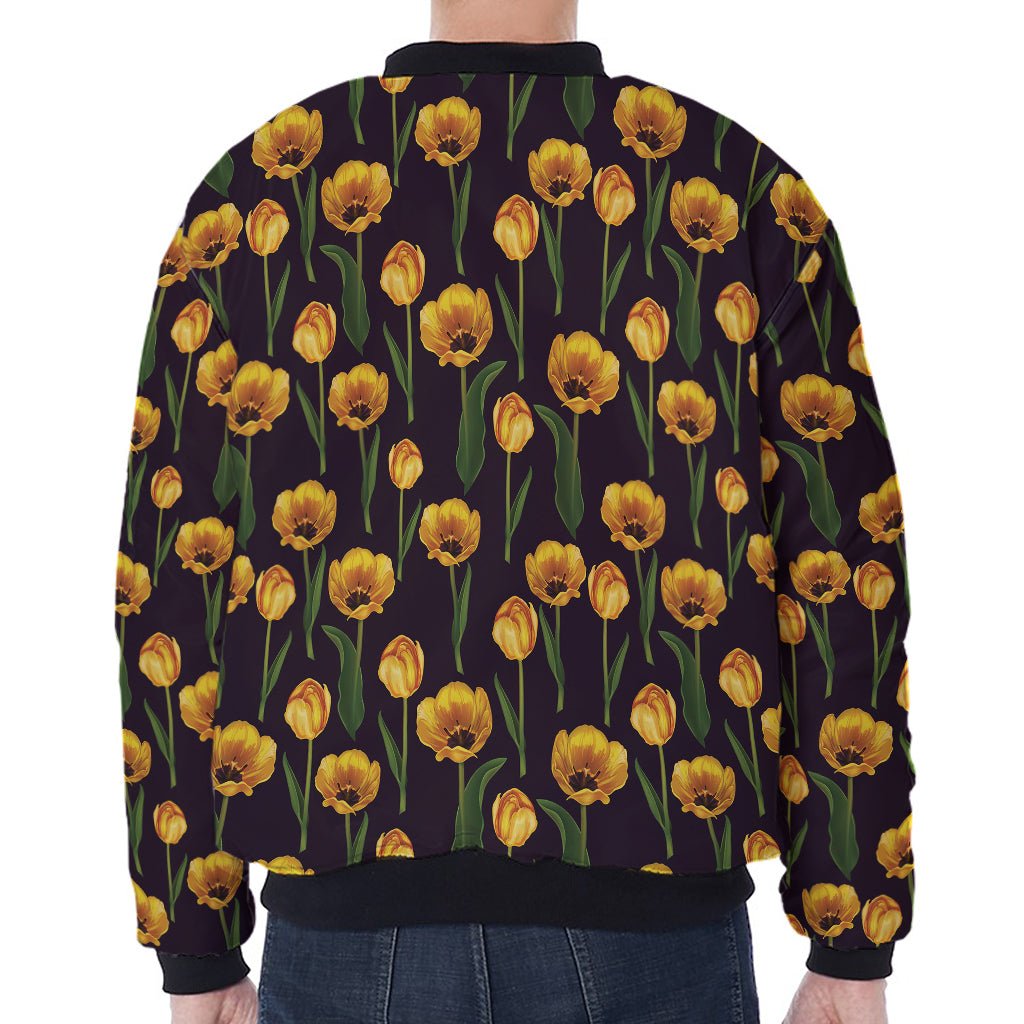 Yellow Tulip Flower Pattern Print Zip Sleeve Bomber Jacket
