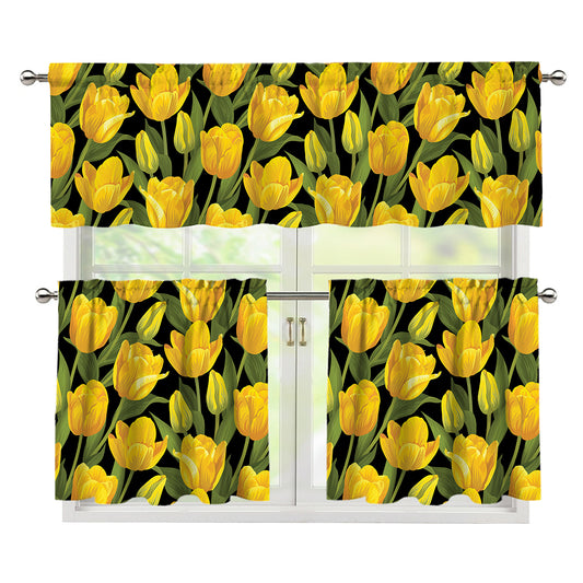 Yellow Tulip Pattern Print 3 Piece Kitchen Curtains