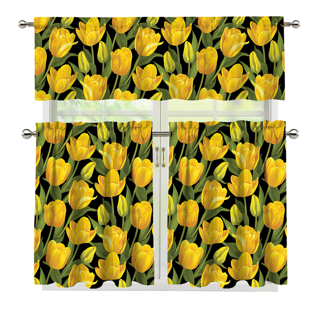 Yellow Tulip Pattern Print 3 Piece Kitchen Curtains