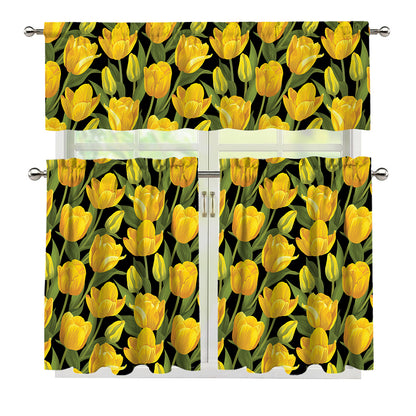 Yellow Tulip Pattern Print 3 Piece Kitchen Curtains