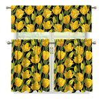 Yellow Tulip Pattern Print 3 Piece Kitchen Curtains