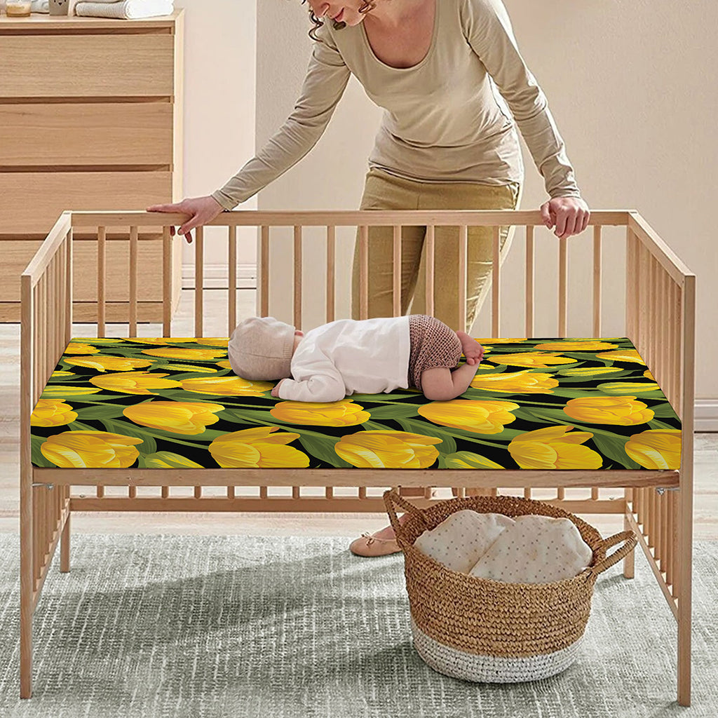 Yellow Tulip Pattern Print Baby Crib Sheet