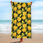Yellow Tulip Pattern Print Beach Towel