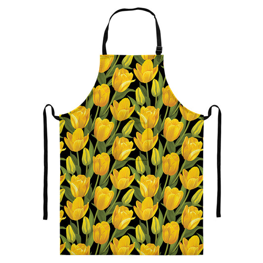 Yellow Tulip Pattern Print Bib Apron With Pocket