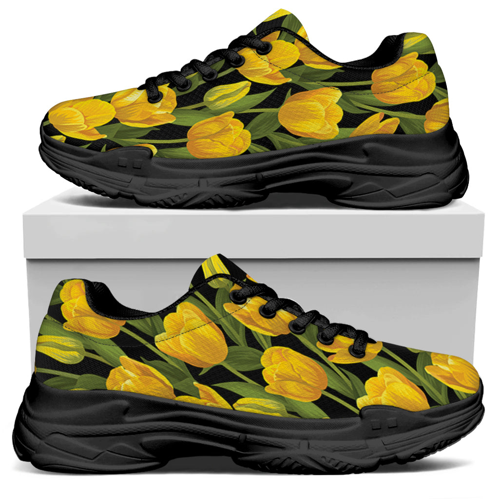 Yellow Tulip Pattern Print Black Chunky Shoes