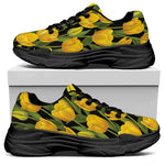 Yellow Tulip Pattern Print Black Chunky Shoes