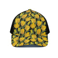 Yellow Tulip Pattern Print Black Mesh Trucker Hat