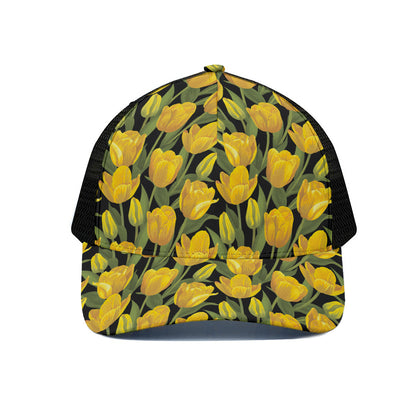 Yellow Tulip Pattern Print Black Mesh Trucker Cap