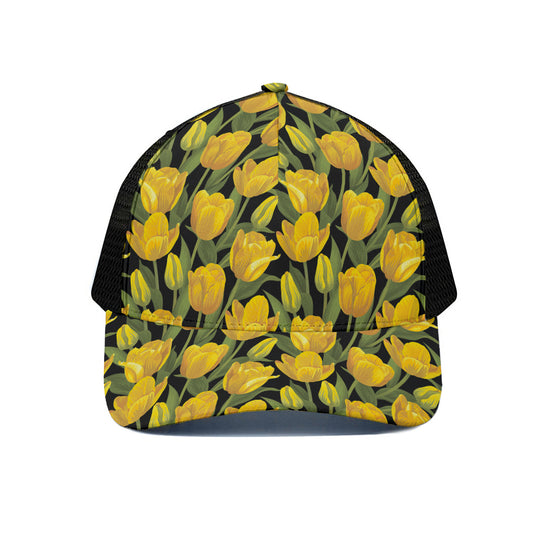 Yellow Tulip Pattern Print Black Mesh Trucker Cap