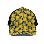 Yellow Tulip Pattern Print Black Mesh Trucker Cap