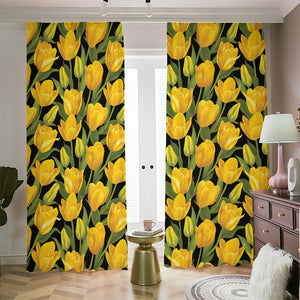 Yellow Tulip Pattern Print Blackout Pencil Pleat Curtains