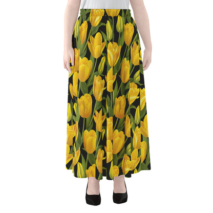 Yellow Tulip Pattern Print Chiffon Maxi Skirt