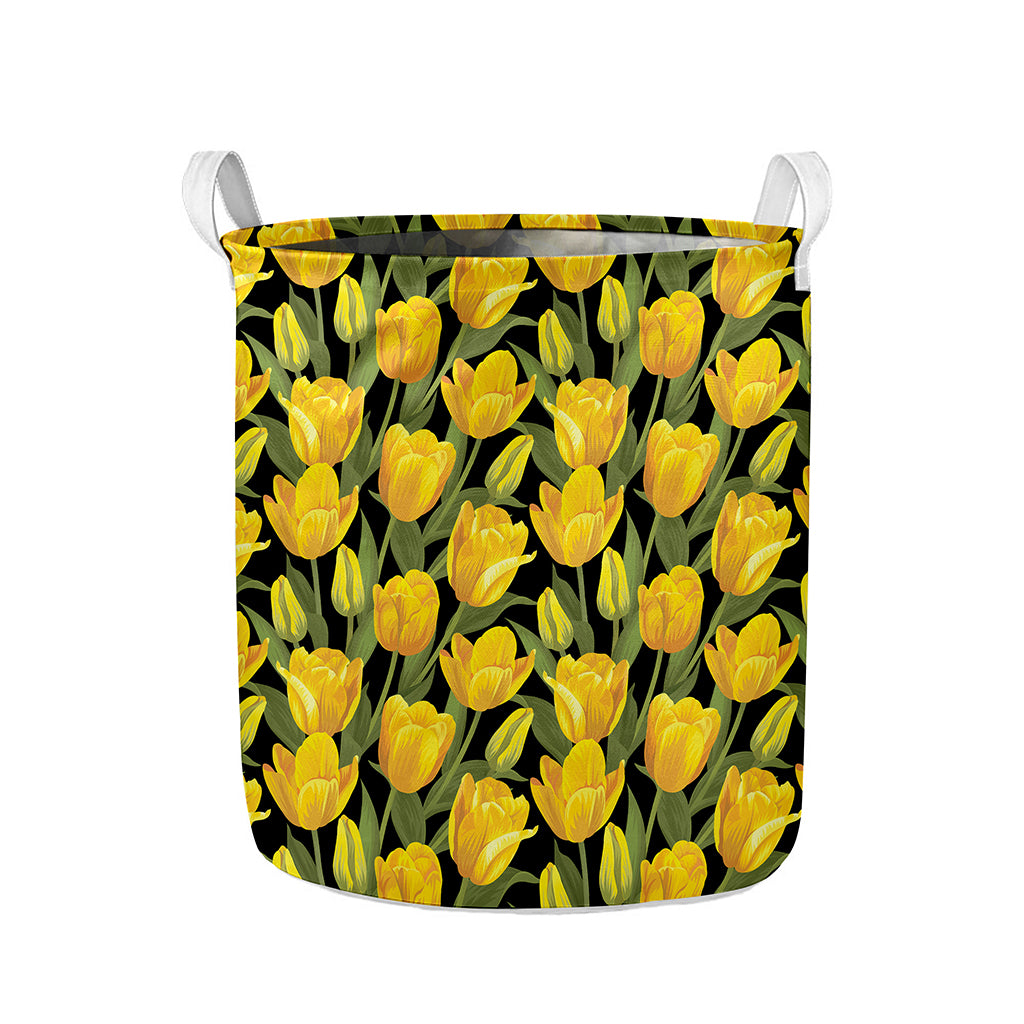 Yellow Tulip Pattern Print Collapsible Laundry Basket