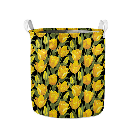 Yellow Tulip Pattern Print Collapsible Laundry Basket