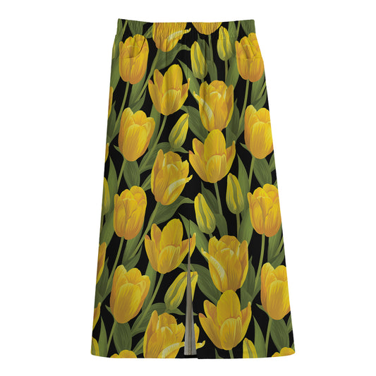 Yellow Tulip Pattern Print Cotton Front Slit Maxi Skirt