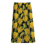Yellow Tulip Pattern Print Cotton Front Slit Maxi Skirt