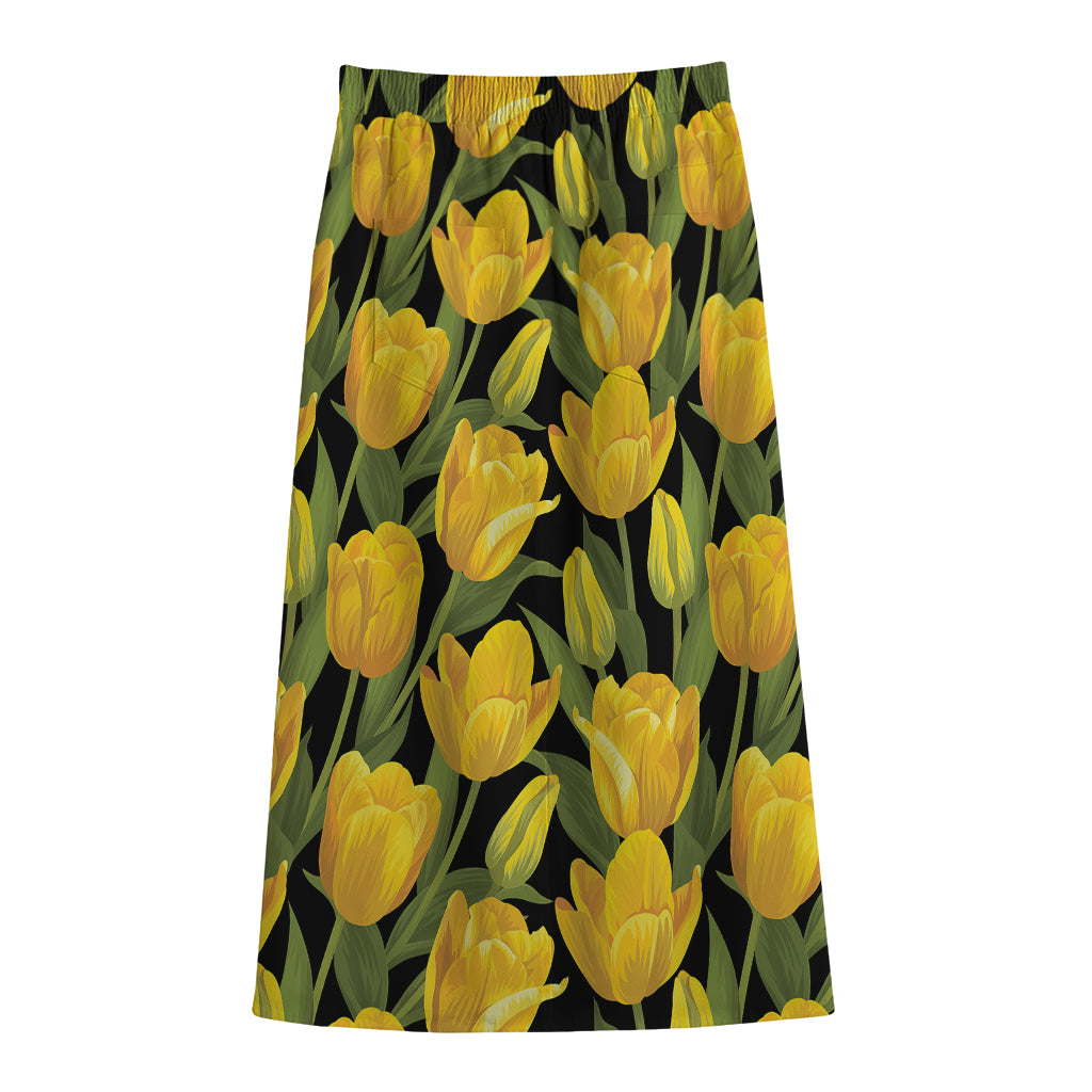 Yellow Tulip Pattern Print Cotton Front Slit Maxi Skirt
