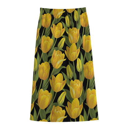 Yellow Tulip Pattern Print Cotton Front Slit Maxi Skirt