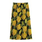Yellow Tulip Pattern Print Cotton Front Slit Maxi Skirt
