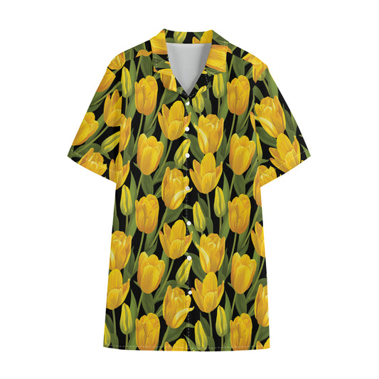 Yellow Tulip Pattern Print Cotton Hawaiian Shirt