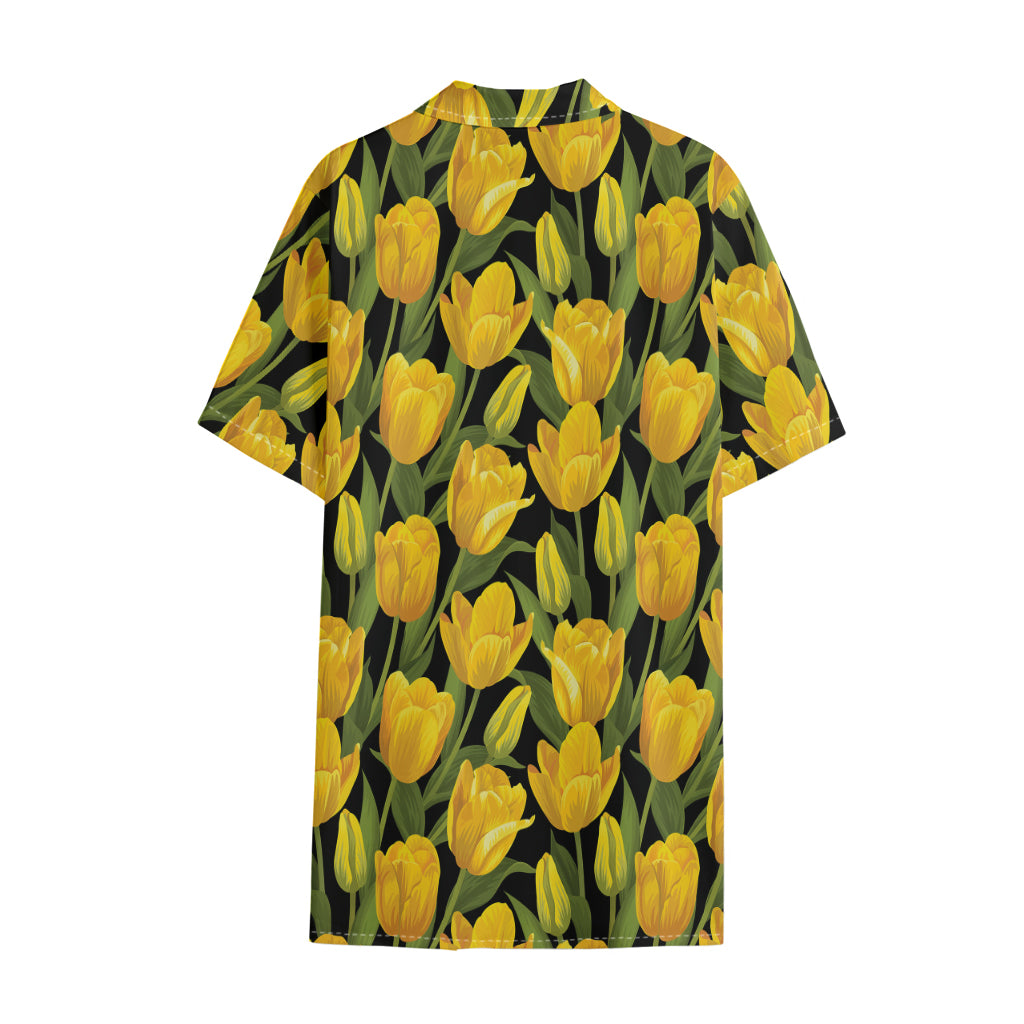 Yellow Tulip Pattern Print Cotton Hawaiian Shirt