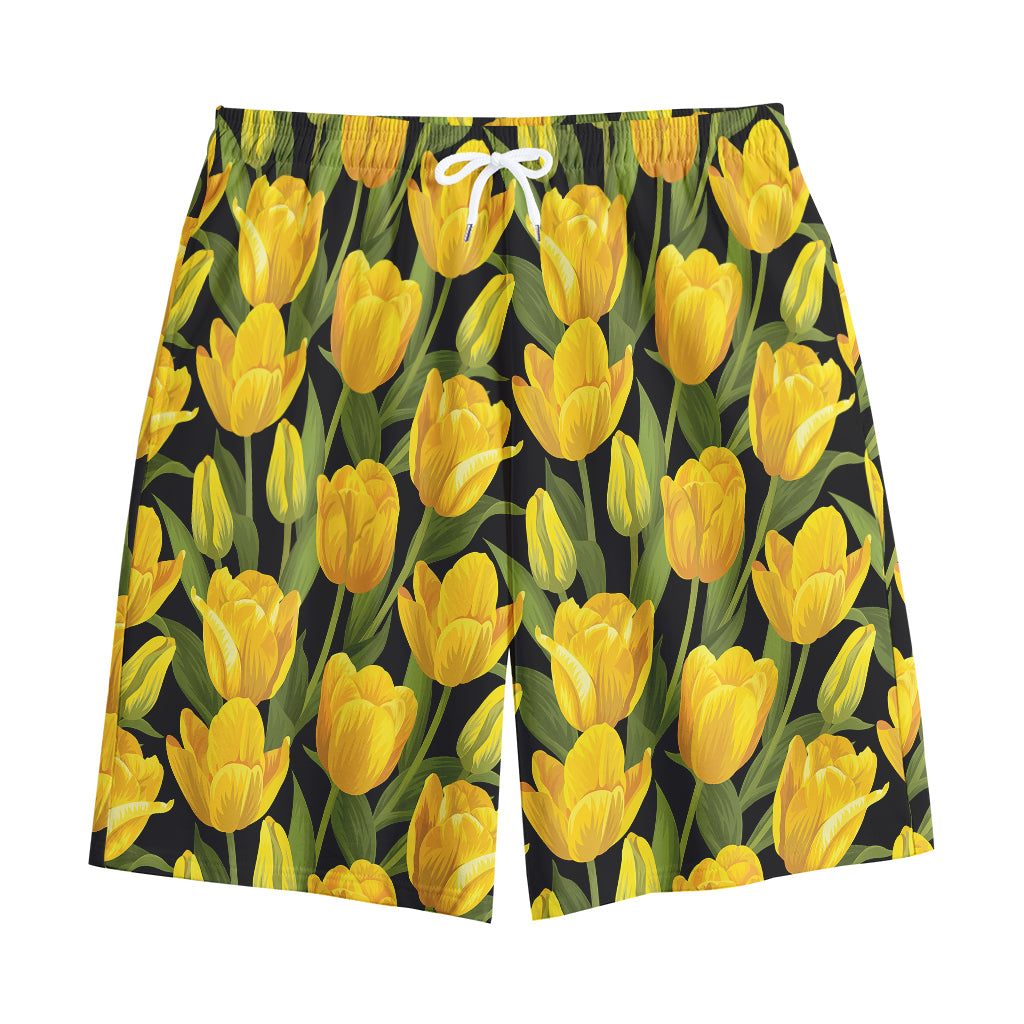Yellow Tulip Pattern Print Cotton Shorts