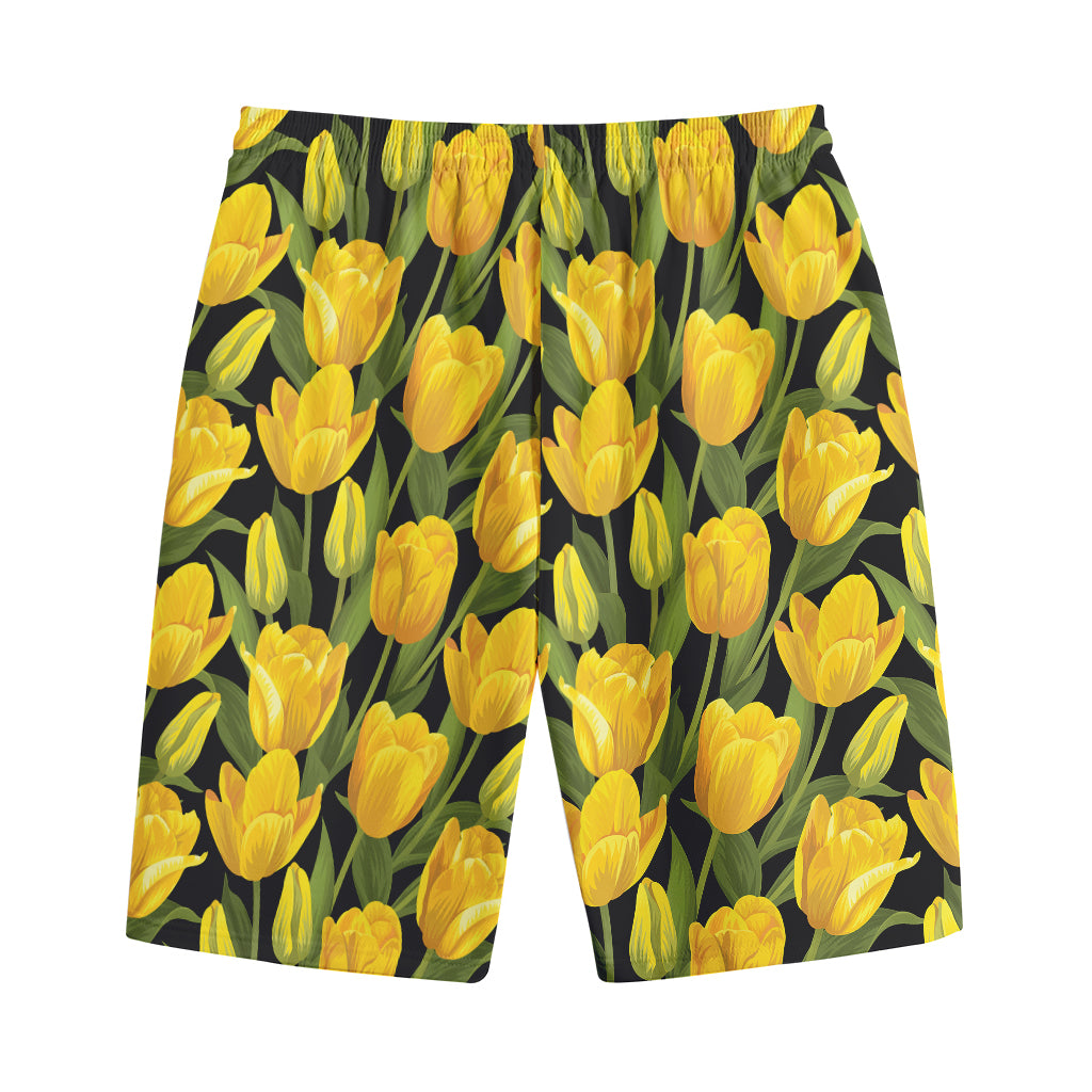 Yellow Tulip Pattern Print Cotton Shorts