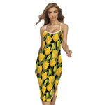 Yellow Tulip Pattern Print Cross Back Cami Dress