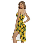Yellow Tulip Pattern Print Cross Back Cami Dress