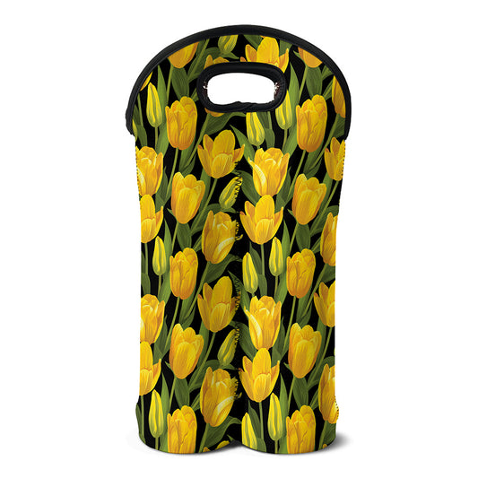 Yellow Tulip Pattern Print Double Neoprene Wine Tote
