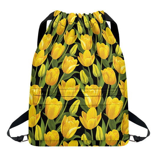 Yellow Tulip Pattern Print Drawstring Backpack