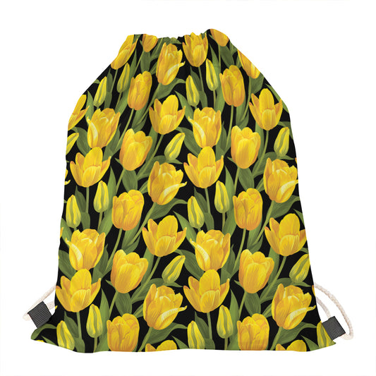 Yellow Tulip Pattern Print Drawstring Bag