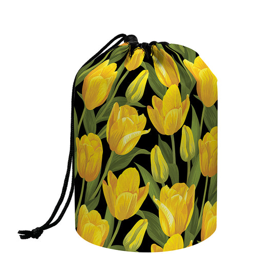 Yellow Tulip Pattern Print Drawstring Makeup Bag