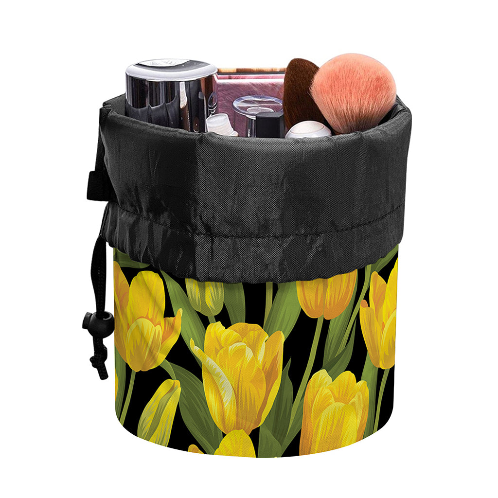 Yellow Tulip Pattern Print Drawstring Makeup Bag