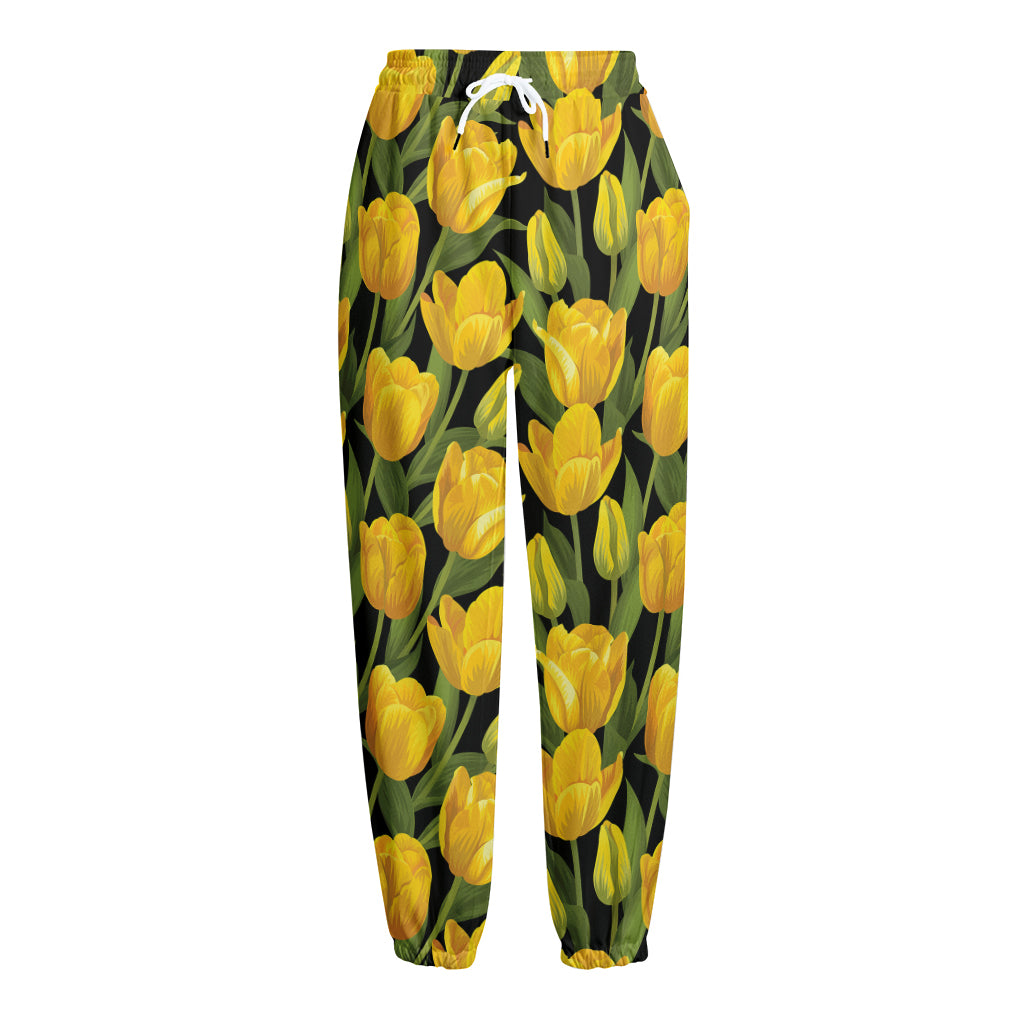 Yellow Tulip Pattern Print Fleece Lined Knit Pants