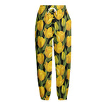 Yellow Tulip Pattern Print Fleece Lined Knit Pants