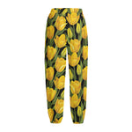 Yellow Tulip Pattern Print Fleece Lined Knit Pants
